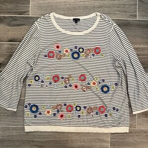 Talbots Womens XL Stripe Flowers Beaded Embroidered 3/4 Flare Cuff Sleeve Top